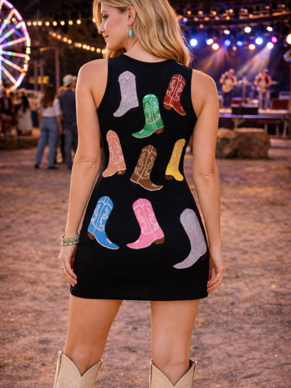 NWT Queen of Sparkles Black Knit Multi Cowboy Boot Tank Dress - Picture 2 of 4